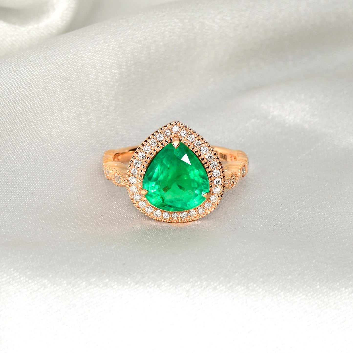 Anillo de compromiso con diamante esmeralda natural de talla pera antigua, anillo de bodas exclusivo con esmeralda de 2 quilates, anillo de compromiso de oro de 14 quilates, anillo con halo de esmeralda verde