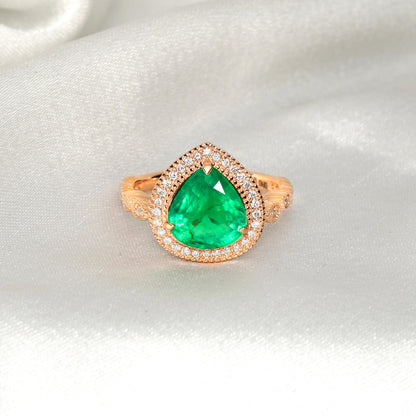 Anillo de compromiso con diamante esmeralda natural de talla pera antigua, anillo de bodas exclusivo con esmeralda de 2 quilates, anillo de compromiso de oro de 14 quilates, anillo con halo de esmeralda verde