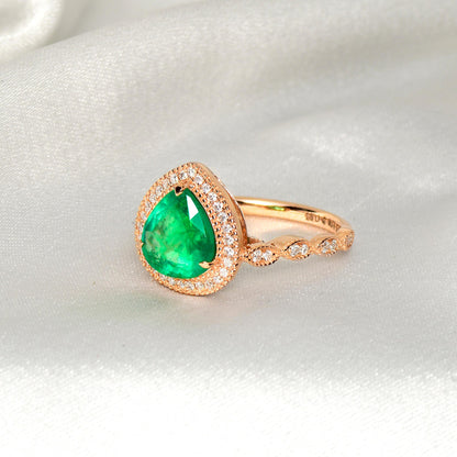 Anillo de compromiso con diamante esmeralda natural de talla pera antigua, anillo de bodas exclusivo con esmeralda de 2 quilates, anillo de compromiso de oro de 14 quilates, anillo con halo de esmeralda verde