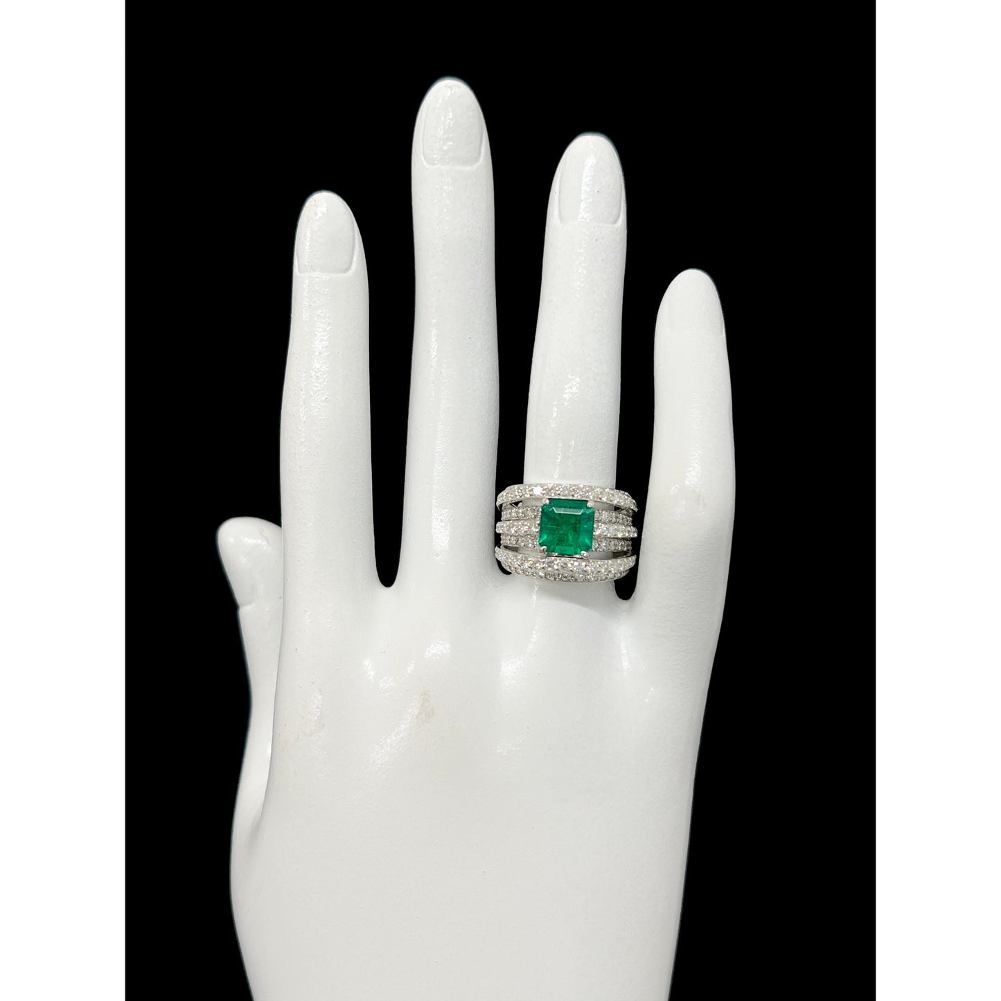 Vintage 18K White Gold Emerald and Diamond Cocktail Ring, Antique Natural Emerald Wedding Band, Unique Emerald Statement Ring for Her