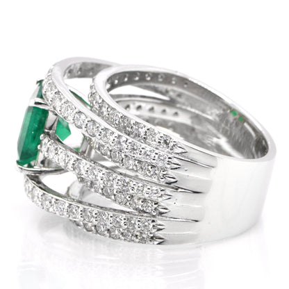 Vintage 18K White Gold Emerald and Diamond Cocktail Ring, Antique Natural Emerald Wedding Band, Unique Emerald Statement Ring for Her