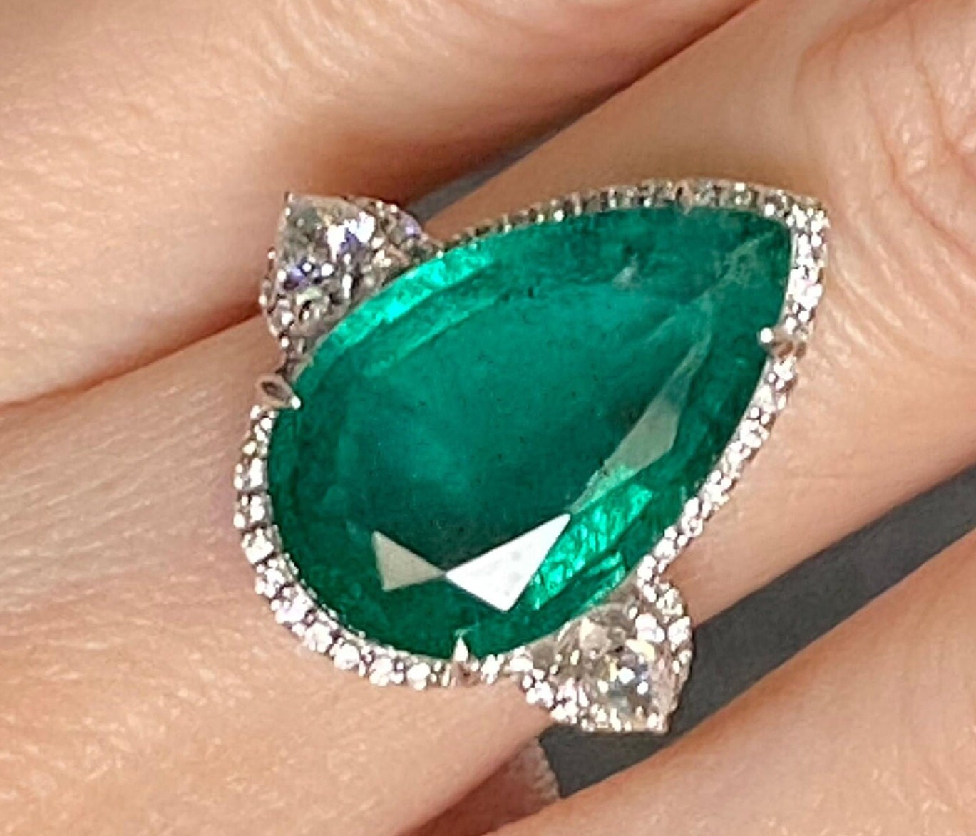 Certified 5 CT Pear Cut Emerald Diamond Engagement Ring, Natural Emerald and Diamond Wedding Ring, Unique Large Emerald Bridal Ring For Her