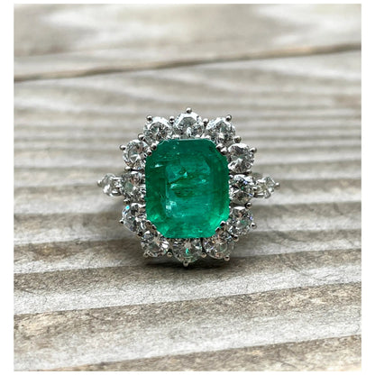 Art Deco Emerald Engagement Ring, Antique Natural Emerald and Diamond Wedding Ring, Vintage Emerald Statement Ring, Emerald Gold Ring