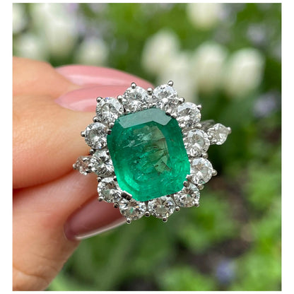 Art Deco Emerald Engagement Ring, Antique Natural Emerald and Diamond Wedding Ring, Vintage Emerald Statement Ring, Emerald Gold Ring