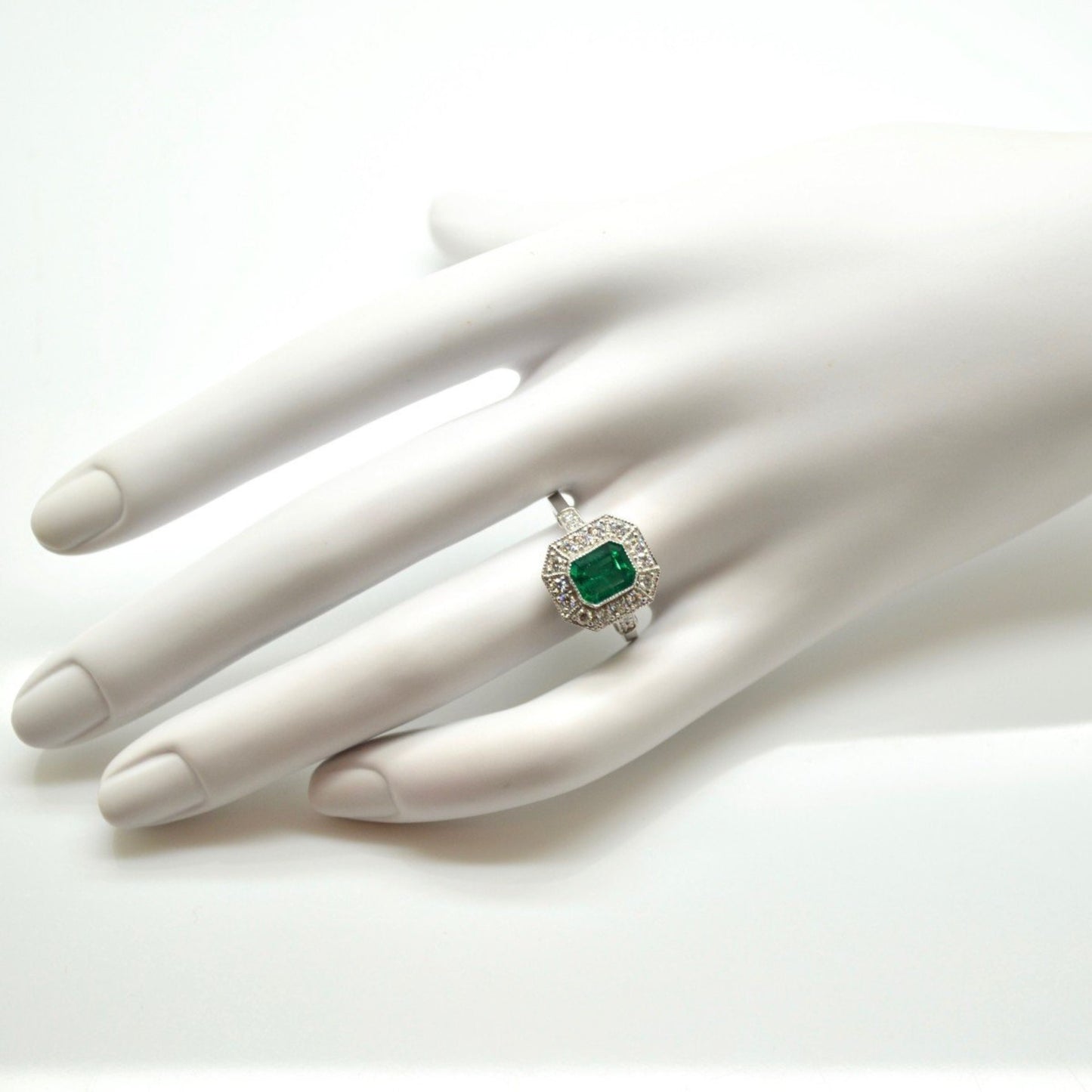 Antique Halo Emerald and Diamond Engagement Ring, 14K White Gold Unique Natural Emerald Wedding Ring, Emerald Gold Statement Ring for Her