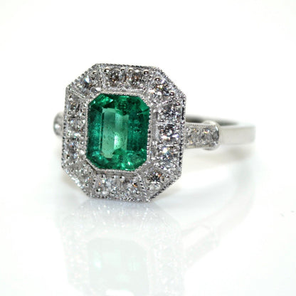 Antique Halo Emerald and Diamond Engagement Ring, 14K White Gold Unique Natural Emerald Wedding Ring, Emerald Gold Statement Ring for Her