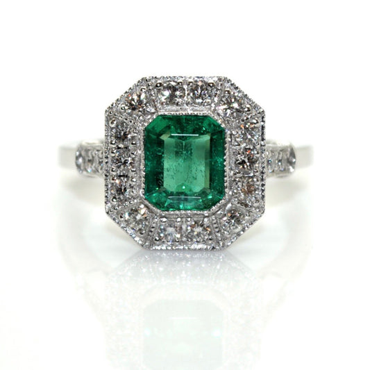 Antique Halo Emerald and Diamond Engagement Ring, 14K White Gold Unique Natural Emerald Wedding Ring, Emerald Gold Statement Ring for Her