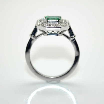 Antique Halo Emerald and Diamond Engagement Ring, 14K White Gold Unique Natural Emerald Wedding Ring, Emerald Gold Statement Ring for Her