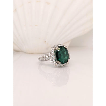 Antique 14K Gold Oval Natural Emerald Engagement Ring, Art Deco Emerald and Diamond Statement Ring, Unique Halo Emerald Wedding Ring