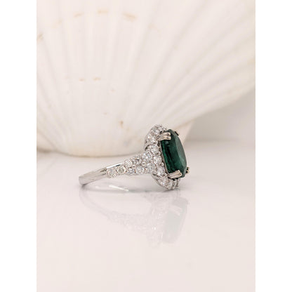 Antique 14K Gold Oval Natural Emerald Engagement Ring, Art Deco Emerald and Diamond Statement Ring, Unique Halo Emerald Wedding Ring