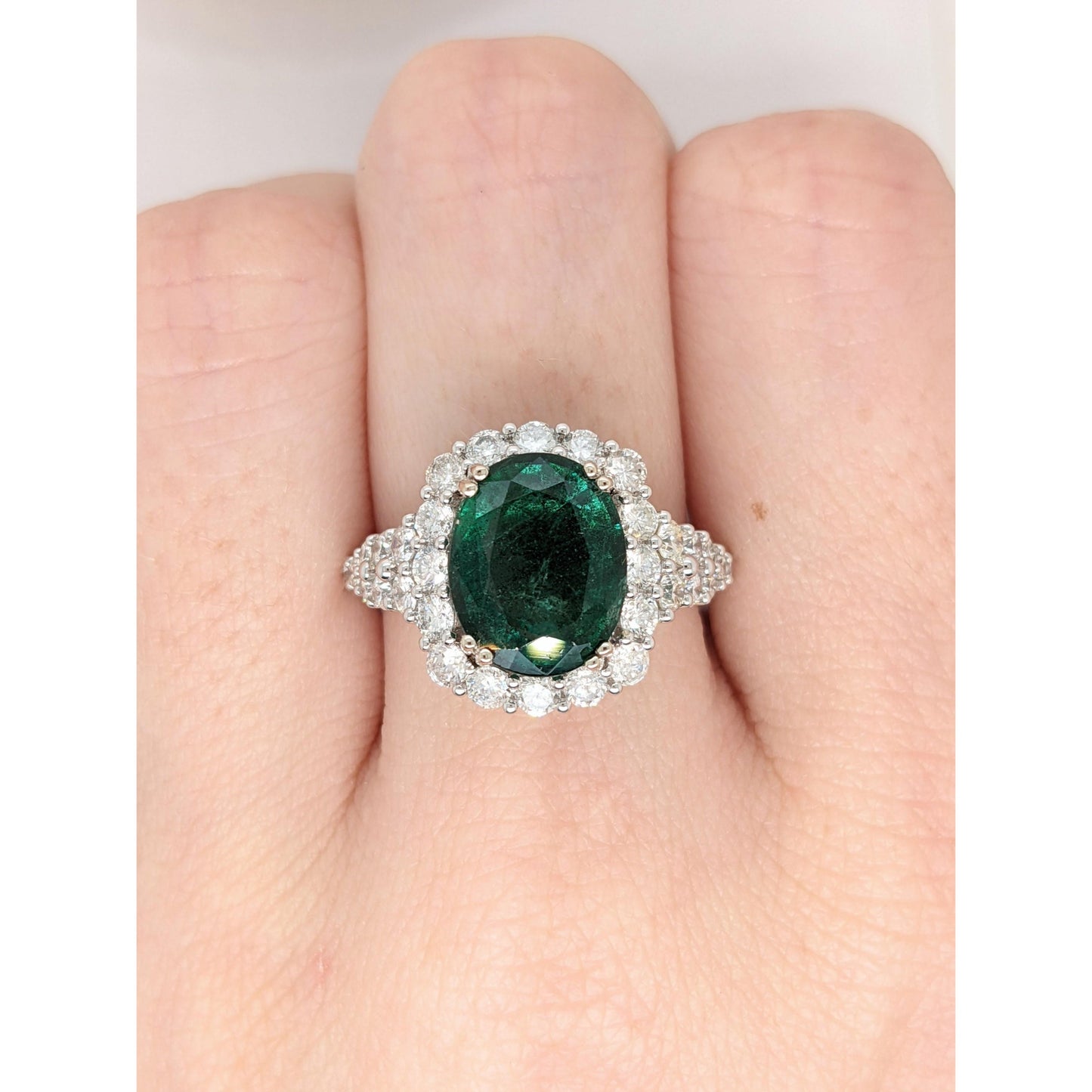 Antique 14K Gold Oval Natural Emerald Engagement Ring, Art Deco Emerald and Diamond Statement Ring, Unique Halo Emerald Wedding Ring