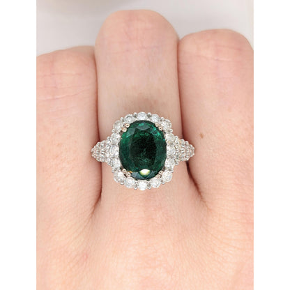 Antique 14K Gold Oval Natural Emerald Engagement Ring, Art Deco Emerald and Diamond Statement Ring, Unique Halo Emerald Wedding Ring