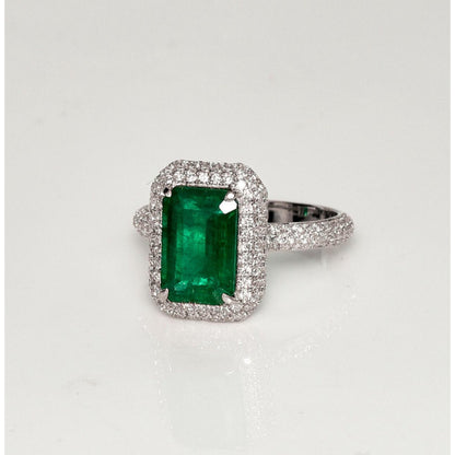 Antique Art Deco 3CT Emerald Engagement Ring, Halo Natural Emerald and Diamond Wedding Ring, Unique Emerald Cocktail Ring